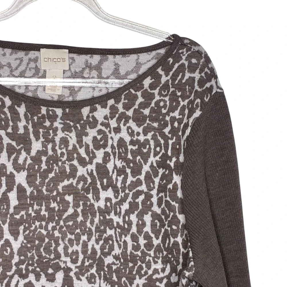 Chicos Womens Size 2/Large Brown Leopard Print Sweater Zipper Detail Wool Knit - Picture 3 of 9
